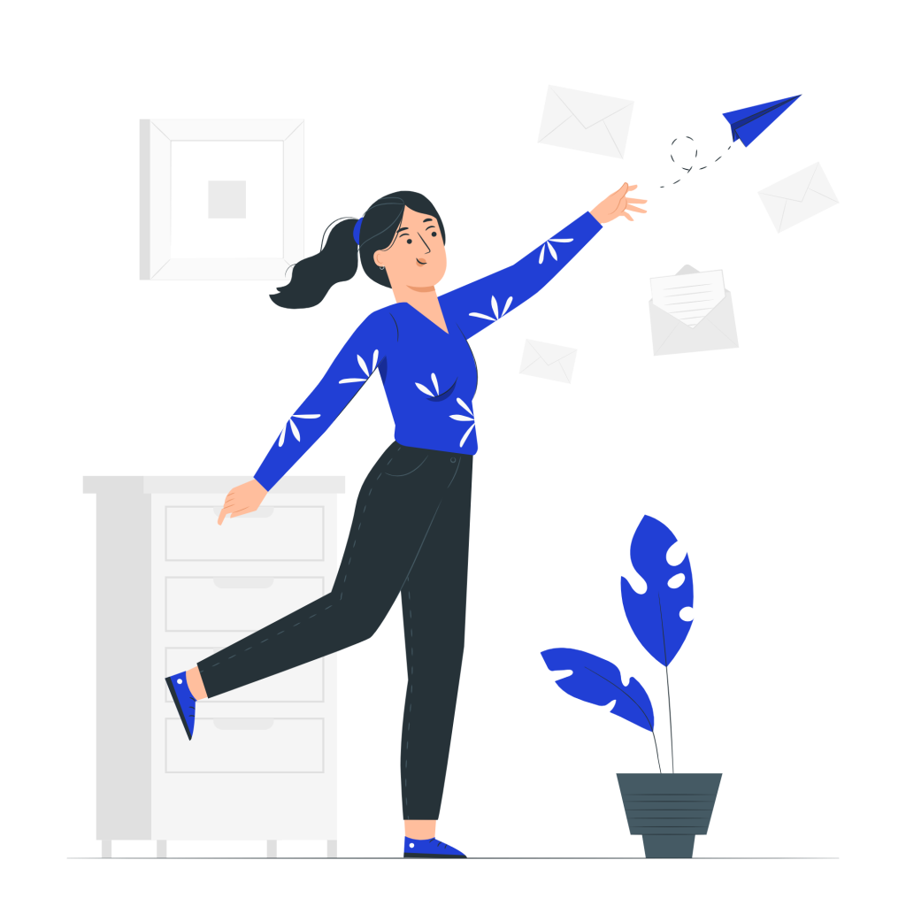 Ilustración de una mujer con un jersey azul y unos pantalones negros lanzando un avión de papel azul. La mujer tiene una pierna flexionada hacia atrás, y junto a ella hay una maceta con una planta Monstera. El lanzamiento del avión de papel simboliza el acto de hacer llegar a los demás información, relacionado con el contenido de este blog "Cómo compartir los resultados de tu encuesta de satisfacción".