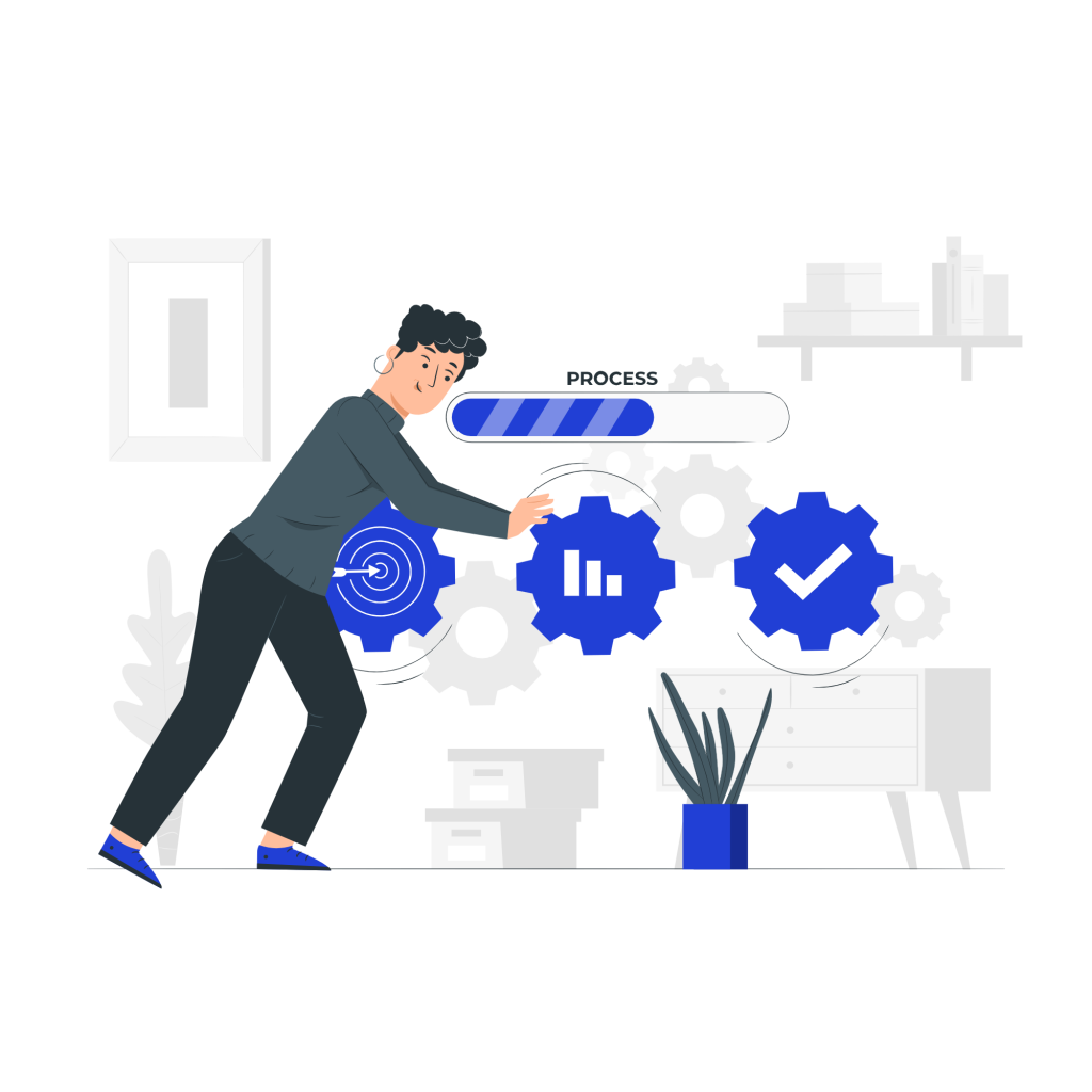 Ilustración de una persona ajustando engranajes que simbolizan procesos de trabajo. En la parte superior, hay una barra de progreso parcialmente completada. Los engranajes tienen íconos relacionados con el análisis de datos y el cumplimiento de objetivos. En el fondo, hay elementos decorativos como una planta, estanterías y cajas de archivo.