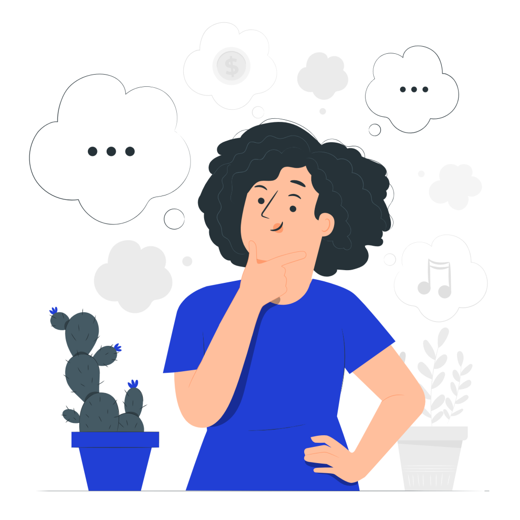 Ilustración de una persona de cabello rizado y oscuro que parece estar pensando. La persona lleva una camiseta azul y tiene una mano en el mentón en una postura pensativa. Alrededor de su cabeza hay varios globos de pensamiento con diferentes íconos, como puntos suspensivos, una nota musical y un símbolo de dinero. A la izquierda de la persona hay una planta de cactus en una maceta azul, y a la derecha hay otra planta en una maceta blanca