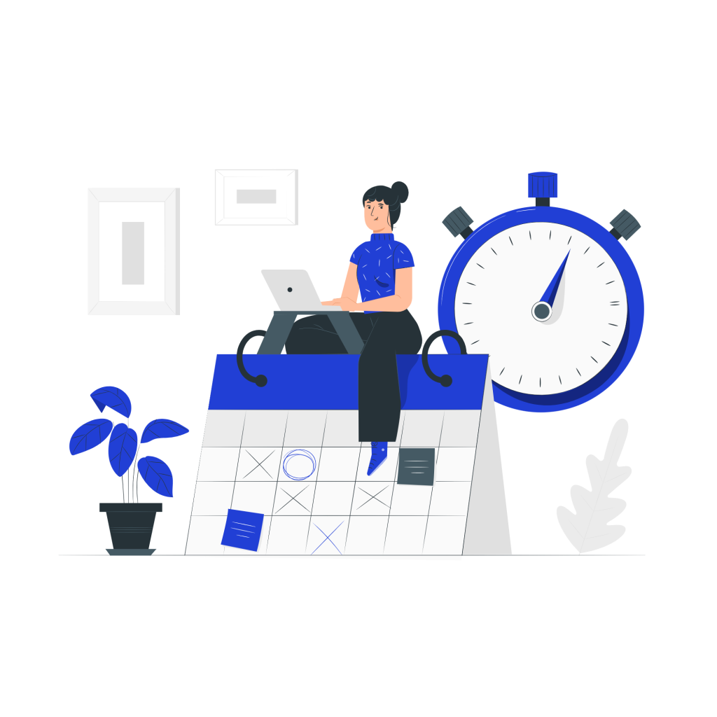 Ilustración de una mujer sentada sobre un calendario gigante, trabajando en una computadora portátil. Al fondo hay un cronómetro de gran tamaño y elementos decorativos como plantas y marcos en la pared. La imagen representa la gestión eficiente del tiempo, planificación y productividad.