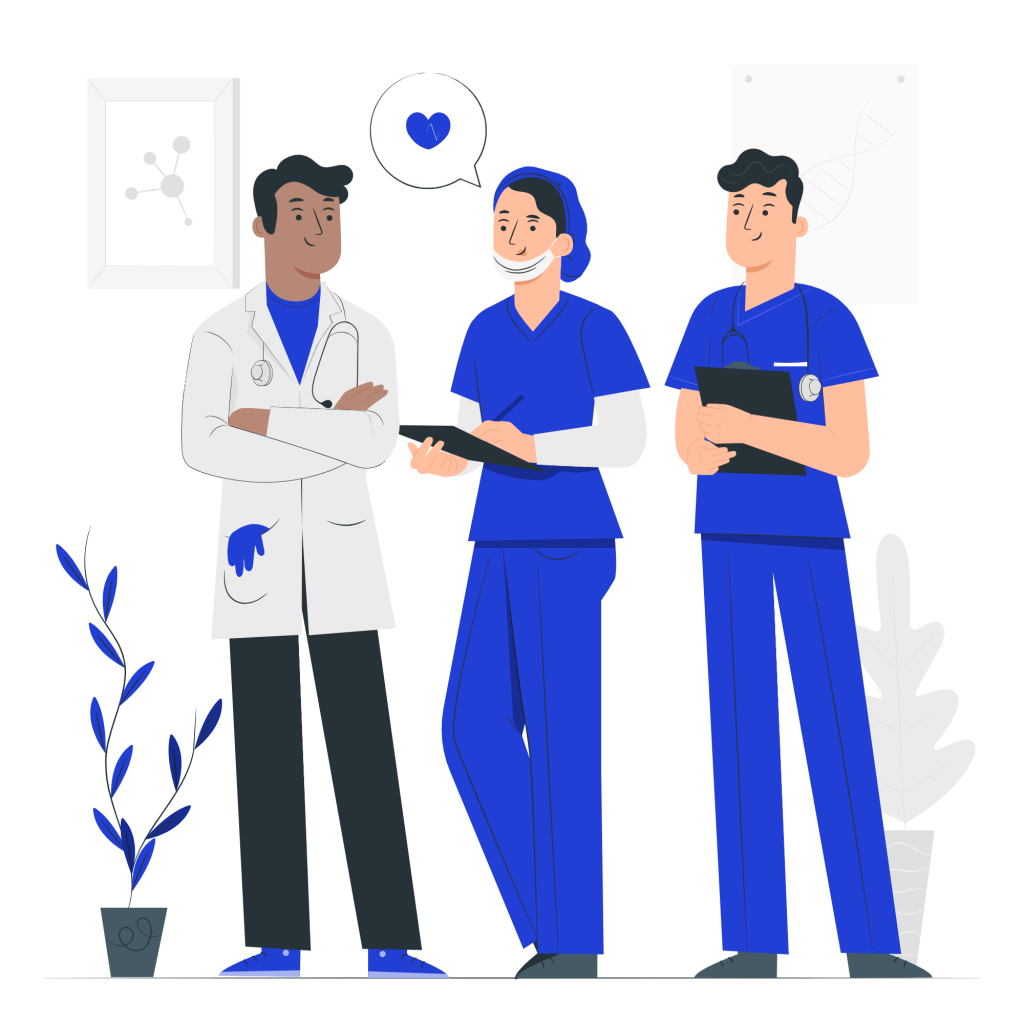 Ilustración de tres profesionales de la salud conversando en un entorno hospitalario. Un médico con bata blanca y estetoscopio está de pie con los brazos cruzados, mientras dos enfermeros con uniforme azul sostienen portapapeles y parecen discutir temas relacionados con el trabajo. En el fondo hay cuadros decorativos con imágenes científicas y plantas, representando un ambiente hospitalario colaborativo
