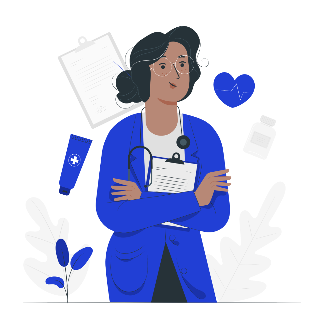 Ilustración de una médica con bata azul, estetoscopio y documentos en mano, rodeada de iconos de salud como un corazón con latido, un tubo de crema, un frasco de pastillas y hojas decorativas