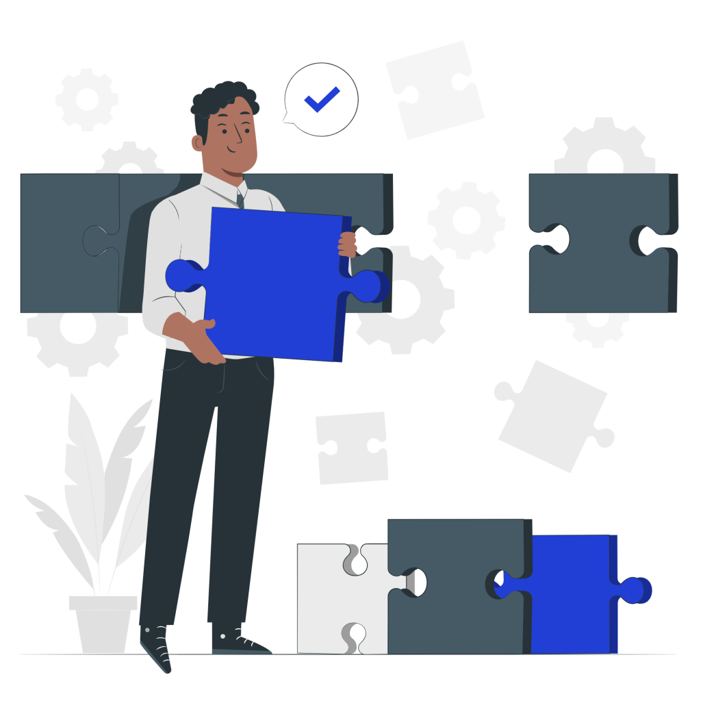 Ilustración de un hombre sosteniendo una pieza de rompecabezas azul, rodeado de otras piezas y engranajes flotando a su alrededor. El personaje está sonriente y hay un ícono de verificación sobre él, simbolizando la idea de encajar en el lugar correcto, resolución de problemas o experiencia del empleado dentro de una organización.