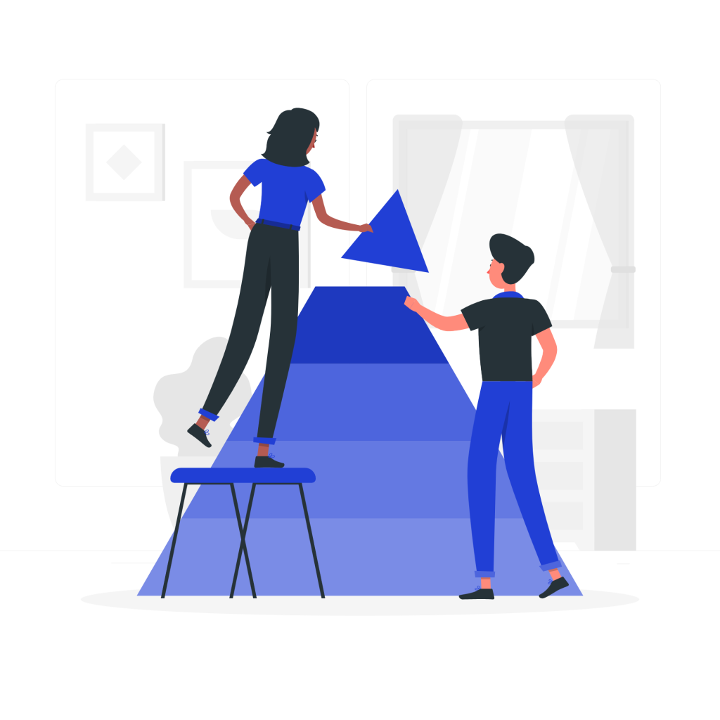 Ilustración de dos personas construyendo una pirámide escalonada. Una persona se encuentra sobre un taburete colocando la pieza superior en forma de triángulo, mientras la otra le ayuda desde abajo. El fondo muestra una habitación con ventanas y decoraciones, simbolizando trabajo en equipo, crecimiento y estructura organizativa.
