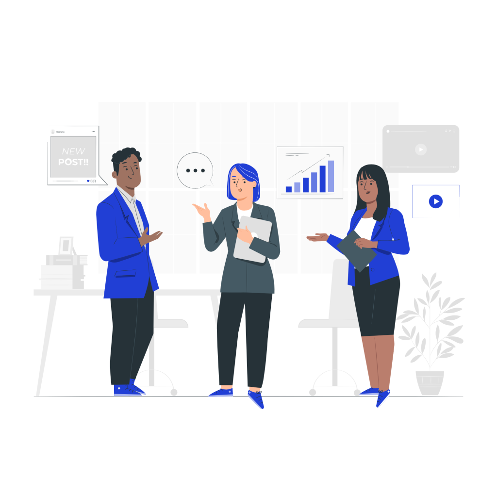 Ilustración de tres personas en una oficina manteniendo una conversación profesional. Al fondo se observan gráficos de rendimiento y publicaciones digitales, representando un entorno colaborativo de análisis y comunicación en equipo.