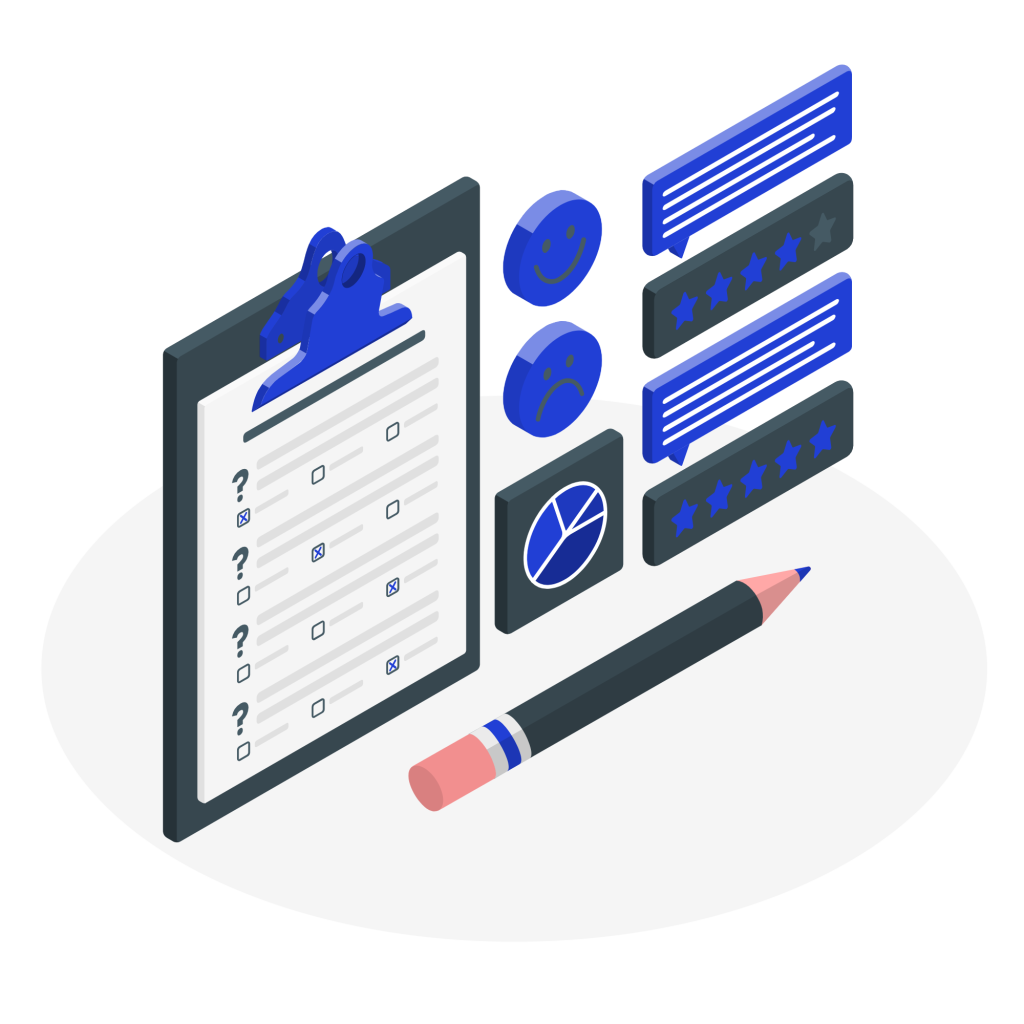 Ilustración de un cuaderno de encuestas. Al rededor del dibujo se observan pie charts, burbujas de chat y un lápiz.