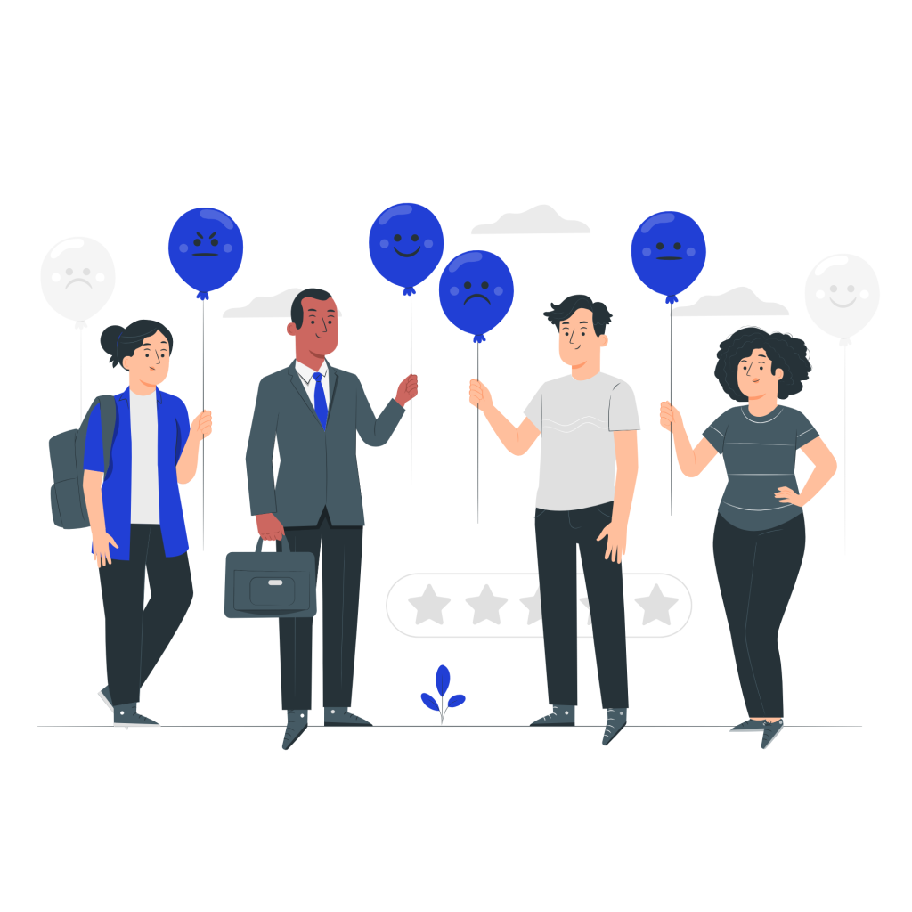 Ilustración de un grupo de empleados, vestidos de oficina. Cada uno de ellos sujeta un globo, y cada globo representa un estado emocional: hay globos con caras tristes, otros con caras felices, y otros con caras neutras.